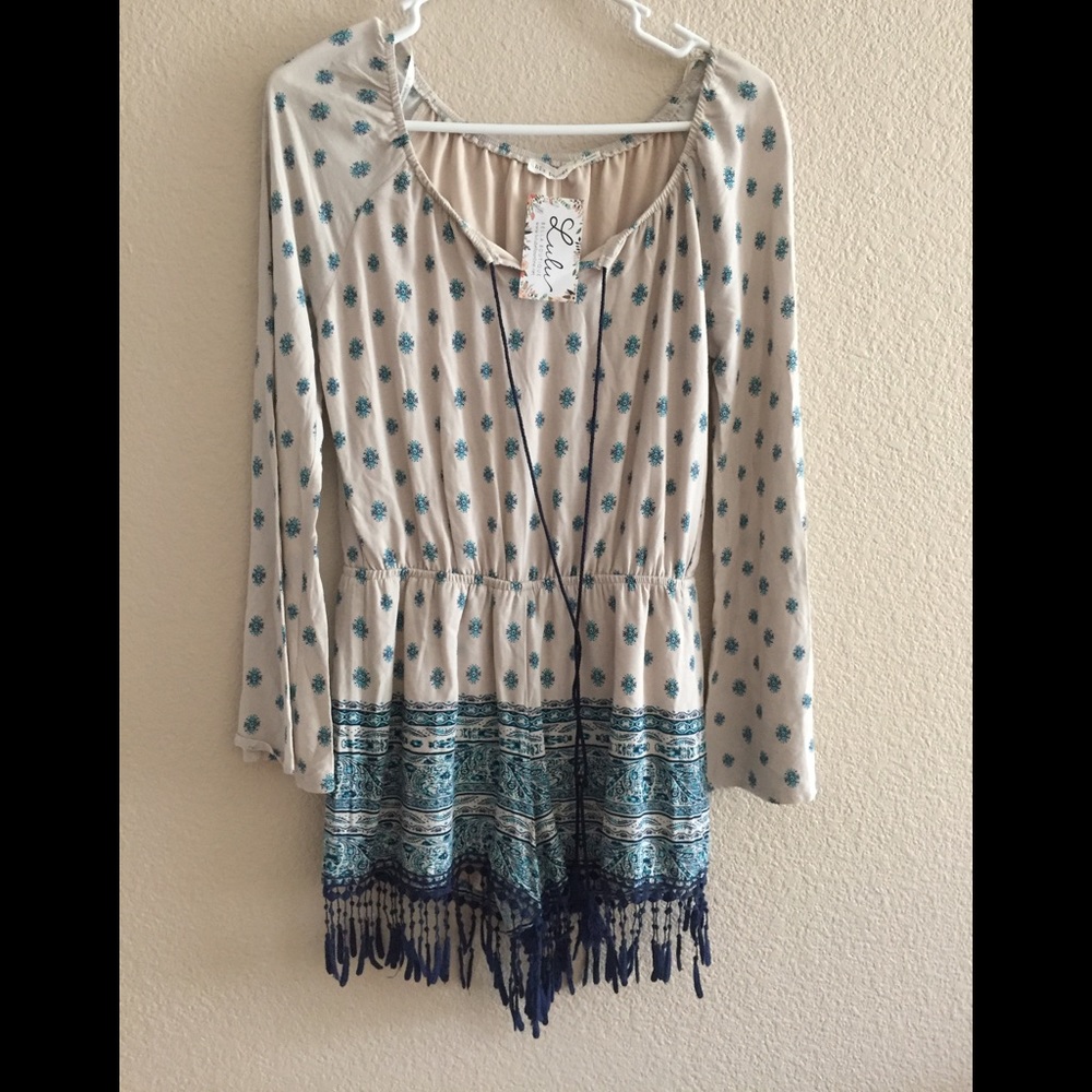 NWT Lulu Bella long sleeve ivory/blue romper